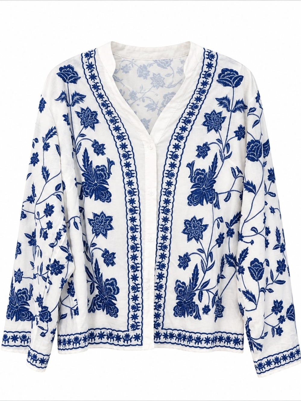 SHEIN White Button Blouse with Blue Floral Pattern 2x